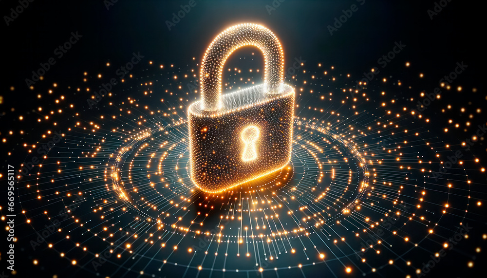 Poster Cyber security concept with glowing padlock on digital background. Generative AI