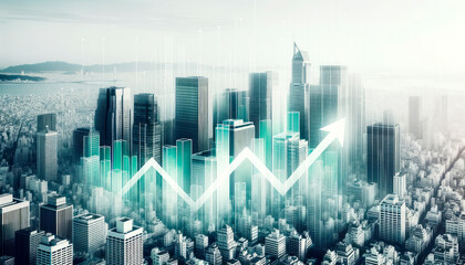 Fototapeta na wymiar Double exposure of business graph and cityscape background. Financial growth concept. Generative AI