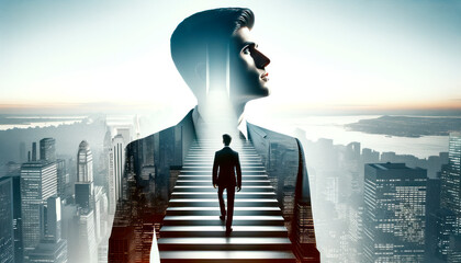 Young businessman climbing stairs to success. Career growth concept. Double exposure. Generative AI