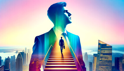 Businessman climbing stairs to success. Career and growth concept. Double exposure. Generative AI