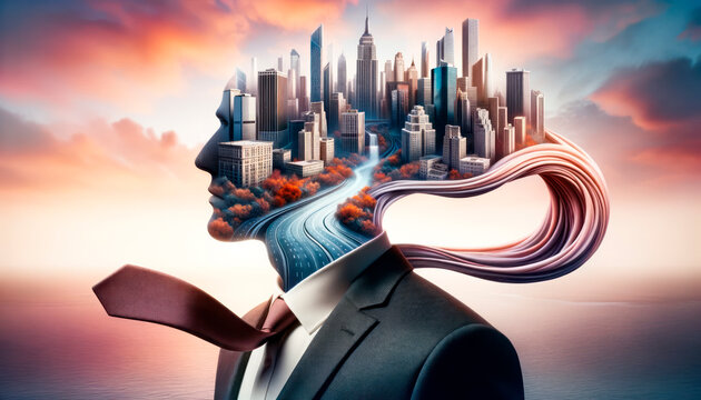 Businessman with head out of his mind and cityscape in the background. Generative AI