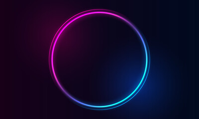 Vector 3d render, blue neon round frame, circle, ring shape, empty space, ultraviolet light, 80's retro style, fashion show stage, abstract background, illuminate frame design. Abstract cosmic vibrant