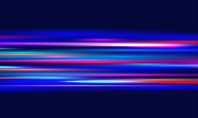 Colorful light trails with motion effect. Vector illustration of high speed light effect on black background. Bright Color Lines Very Fast Motion Design Background Blue Orange Horizontal. - obrazy, fototapety, plakaty