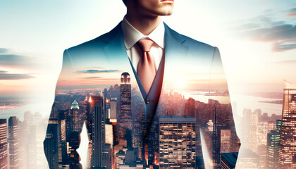 Double exposure of businessman on city background. Concept of leadership and success. Generative AI - obrazy, fototapety, plakaty