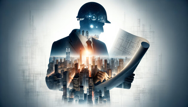 Engineer man with blueprints and cityscape in hands. Mixed media. Generative AI
