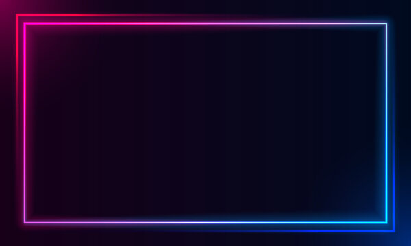Vector 3d render, square glowing in the dark, pink blue neon light, illuminate frame design. Abstract cosmic vibrant color backdrop. Glowing neon light. Neon frame with sharp corners.