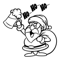 Cartoon illustration of Santa Claus laughing while carrying a bag and a mug of beer. Best for outline, logo, and coloring book with christmas themes