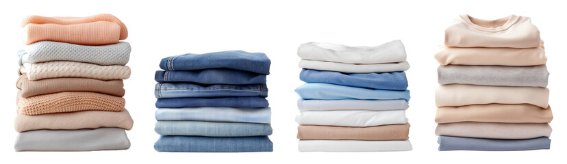 Stacks of clean, folded, ironed clothes (jeans, T-shirts, jackets, sweaters) isolated on transparent background - obrazy, fototapety, plakaty