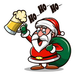 Cartoon illustration of Santa Claus laughing while carrying a bag and a mug of beer. Best for mascot, logo, and sticker with christmas themes