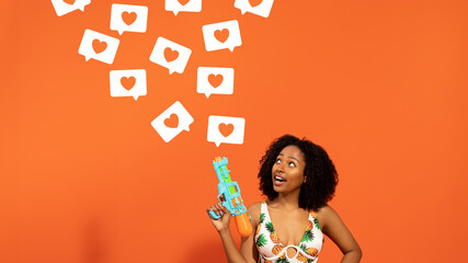 Curious woman with water gun, heart speech bubbles on orange background, panorama