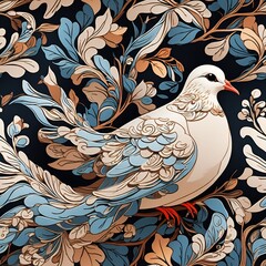 Naklejka premium Seamless pattern of a majestic pigeon with floral illustration. Cartoon style. Repeatable image background. Generative AI.
