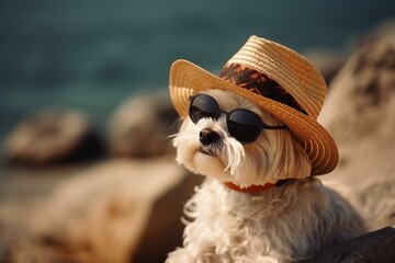 Hilarious canine at shore. Animal with hat and shades unwinding during sunny season. Generative AI