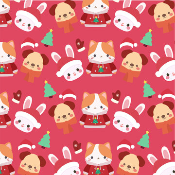 Seamless pattern features cute cats, bunnies, and puppies on a red background.