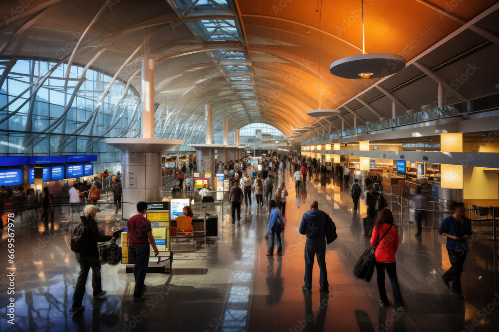 Poster airport terminal illuminated by ambient daylight, passengers in transit amidst modern architecture