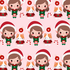 seamless pattern features a cute elf girl, cat, candy cane, and Christmas background.