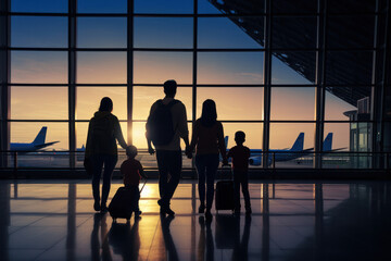 Family and fellow travelers gazing at horizon, awaiting their flight in a modern airport terminal