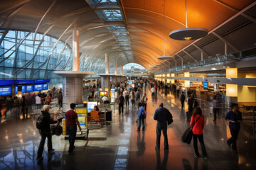 airport terminal illuminated by ambient daylight, passengers in transit amidst modern architecture