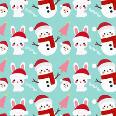 Obraz na płótnie Canvas Seamless pattern features cute snowman, bunnies, Santa, and Christmas trees on a green background.