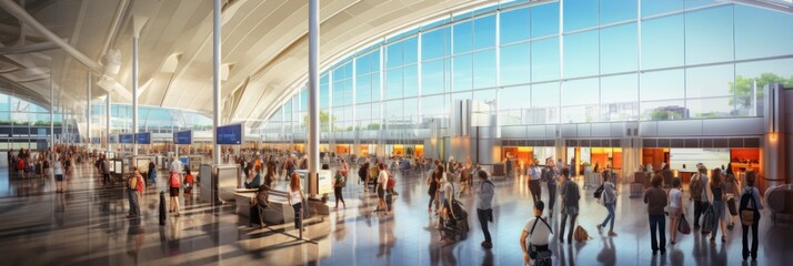 Bustling modern airport terminal illuminated by natural light, diverse passengers in motion.