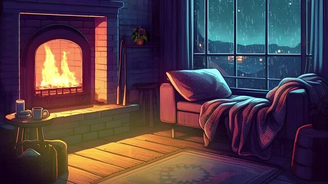 Cozy room with a fireplace, rain pouring outside the window, evening, vector style, looped lo-fi video.