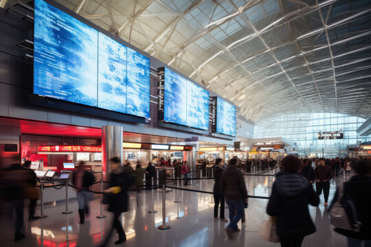 Travelers in bustling airport terminal, bright digital departure screens and contemporary design.