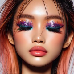 colorful makeup Model Girl on Eyeshadow and Lips bright eyes makeup looks AI Generated