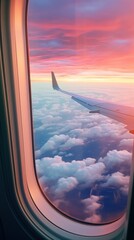 airplane wing against mesmerizing sunset, viewed through cabin window amidst a sea of puffy clouds