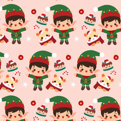 seamless pattern features a cute Christmas boy, Christmas hamster, cake, candy cane, and pink background.