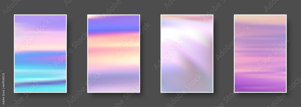 Wall mural set of colorful hologram paper card. abstract holographic wavy gradient mesh color backgrounds.