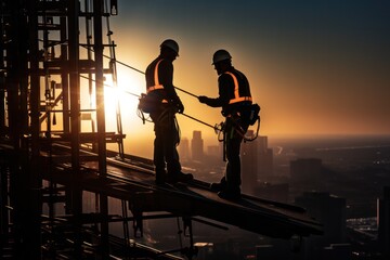Fototapeta premium Silhouetted construction workers on scaffolding with city backdrop during a mesmerizing sunset.
