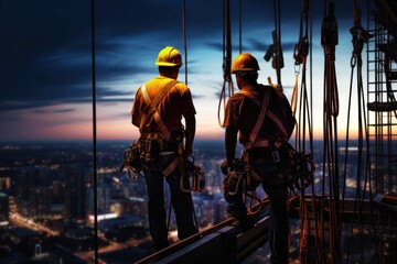 Two construction workers overlooking illuminated cityscape during twilight, showcasing dedication
