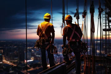 Foto op Plexiglas Two construction workers overlooking illuminated cityscape during twilight, showcasing dedication © olga_demina