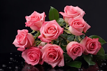 Bouquet of pink roses with water drops