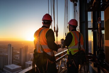Construction workers adjusting equipment high above the city during a radiant sunset. - obrazy, fototapety, plakaty