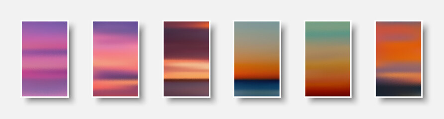 Set of colorful paper sunset and sunrise sea cards. Abstract blurred textured gradient mesh color backgrounds.