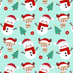 Christmas Snowman Reindeer Seamless Pattern.Seamless pattern features cute snowmen, Christmas trees, and reindeer on a green background.