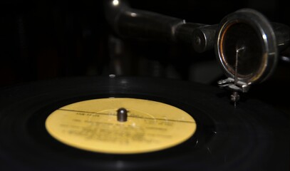 Black vinyl disc on a gramophone background