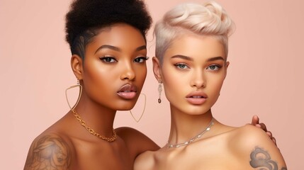 Cool gen z girls, two diverse African and European inclusive young women beauty models with piercing tattoos looking at camera isolated on beige background, skin care makeup ads, vertical portrait