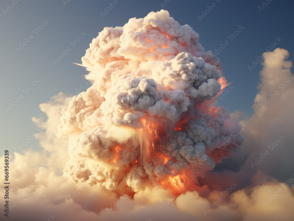 Poster explosion in the blue sky with clouds. generative ai