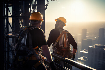 Silhouetted construction workers on a high-rise platform overlooking the cityscape during sunset - obrazy, fototapety, plakaty