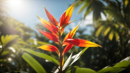 Fototapeta na wymiar Stunning Heliconia Flower with Sun in Background in it's Natural Environment