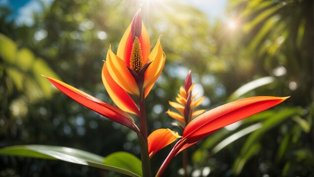 Stunning Heliconia Flower  with Sun in Background in it's Natural Environment