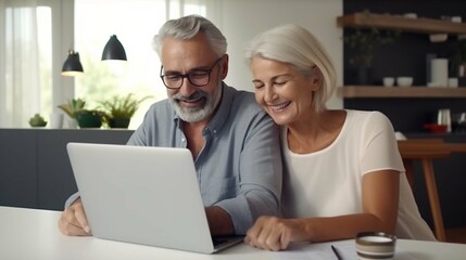 Happy mature older family couple laughing, bonding sitting at home table with laptop. Smiling middle aged senior 50s husband and wife having fun satisfied with buying insurance, paying bills online