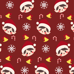 Christmas Boy Seamless Pattern.Seamless pattern features a cute Christmas boy with a hat, candy cane, and bell on a red background.