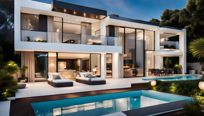 Fototapeta premium Modern villa with open plan living and a private bedroom wing with a small terrace for relaxing