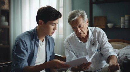 Lets set up an appointment for next week. Cropped shot of a young male doctor going through medical records with his senior male patient. - obrazy, fototapety, plakaty