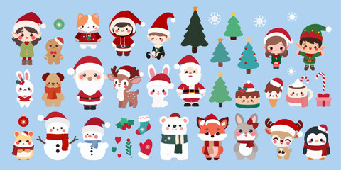 Fototapeta premium Christmas Animals Set.The set includes a variety of popular Christmas animals, including a reindeer, penguin, snowman, Santa Claus, elf, bunny, fox, and cat.