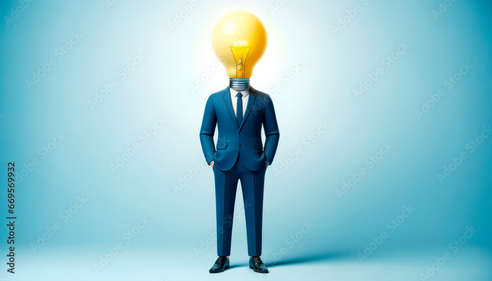 Poster businessman with a light bulb instead of his head on blue background. generative ai
