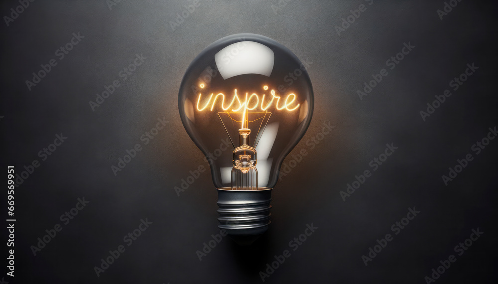 Poster an illuminated light bulb on a dark background with the word inspire written inside. generative ai