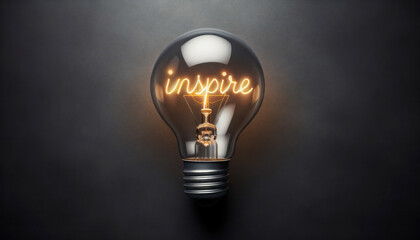 An illuminated light bulb on a dark background with the word Inspire written inside. Generative AI